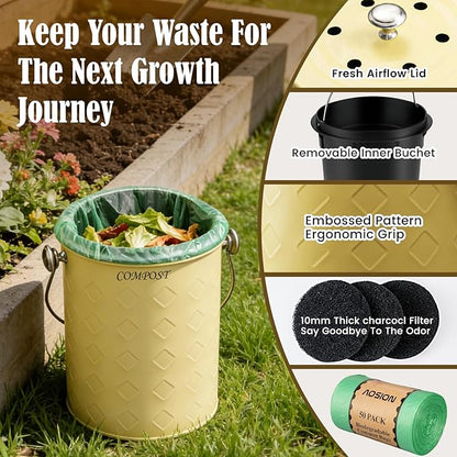 AOSION Countertop Compost Bin Kitchen,Odorless Indoor Compost Bin with Lid,Farmhouse Composter Container for Food Waste,Includes 2 Carbon Filters, Small Compost Bucket,Trash Bags (Modern, Yellow)