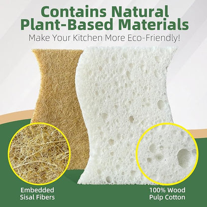 Kitchen Cleaning Sponges, Natural Cellulose Dish Sponge with Coconut Fiber Scrubber for Dishes, Pots and Pans, Eco Friendly Household Cleaning Sponge, 12 Pack
