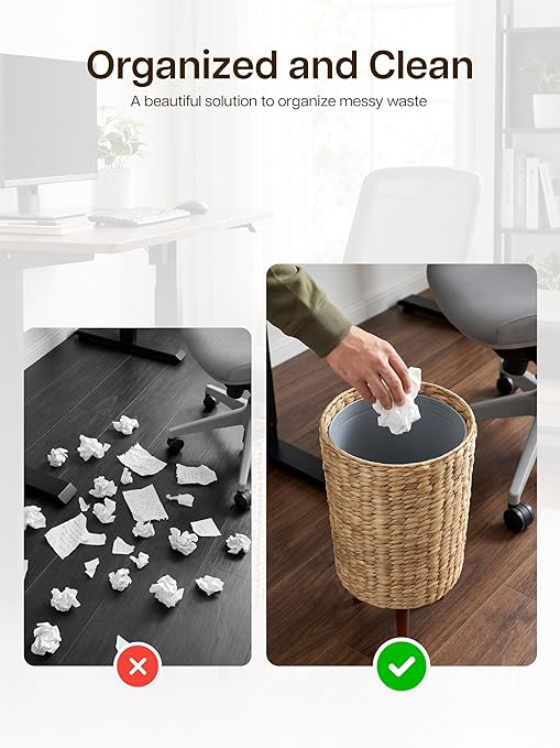Tidita 3 Gallon Wicker Trash Can with Lid, Water Hyacinth Wicker Waste Basket for Bathroom - Decorative Bathroom Trash Can with Wooden Leg - Rattan Garbage Can with a Lid, Liner - Assembly Required