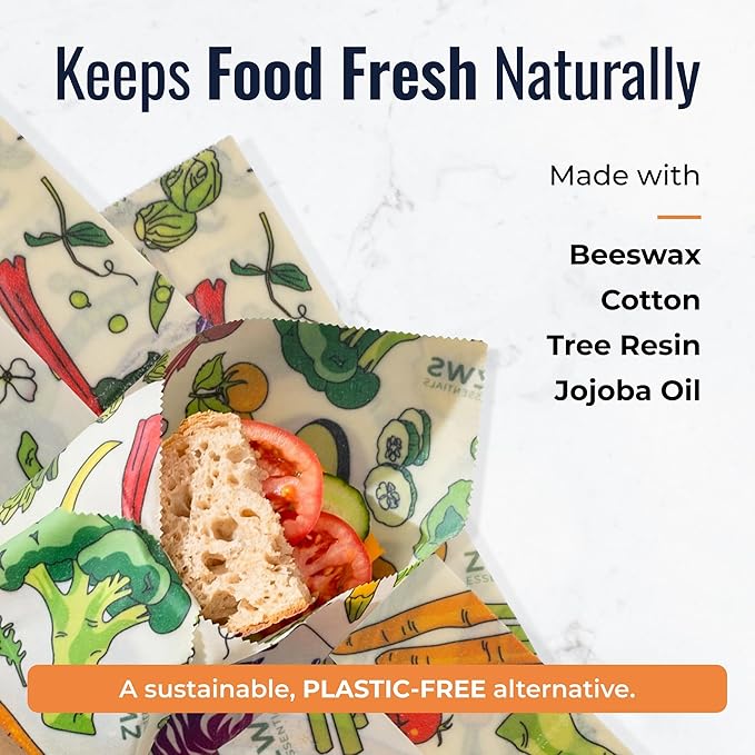 Beeswax Wraps, Reusable Cotton Food Storage Set for Kitchen, Lunch, Bread, Snacks, Bowls. Eco-Friendly Plastic-Free Alternative. 3-Pack Assorted - Veggies by Zero Waste Store