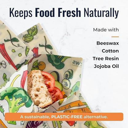 Beeswax Wraps, Reusable Cotton Food Storage Set for Kitchen, Lunch, Bread, Snacks, Bowls. Eco-Friendly Plastic-Free Alternative. 3-Pack Assorted - Veggies by Zero Waste Store