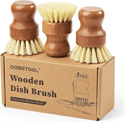 DEBETOOL 3-Pack Wooden Dish Brush - Natural Dish Scrubber & Vegetable Brush with Sisal Bristles, Kitchen Scrub Brush for Pots Pans & Vegetables