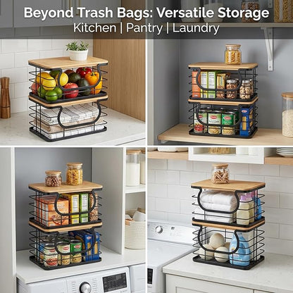 REFGY 2-Pack Stackable Trash Bag Holder with Natural Fiber Top, 10-Inch Wide Opening Garbage Bag Dispenser for 13 to 33 Gallon Rolls, 11" x 7.1" x 5.9" Under Sink Organizer for Kitchen & Laundry