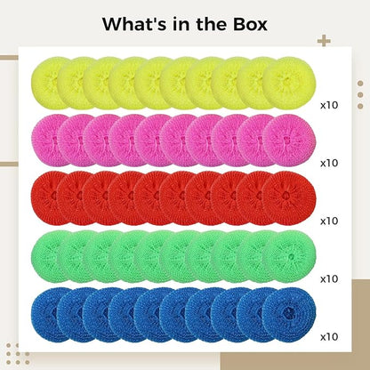 50 Pack of Non-Scratch Pp Plastic Dish Scrubbies, Colorful Mesh Cleaning Balls for Pots & Pans, 5 Colors