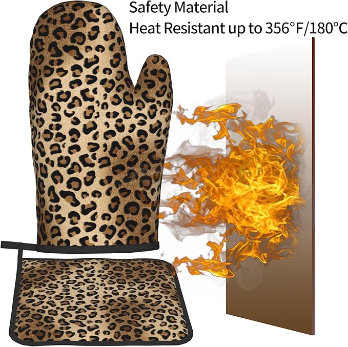Leopard Print Oven Mitts - Brown Oven Mitts and Pot Holders Sets of 2 Animal Print Kitchen Mitts Hot Pads for Baking Grilling