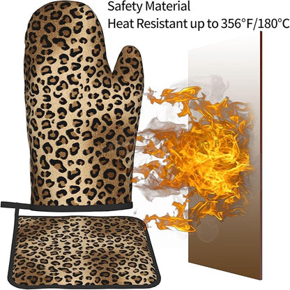 Leopard Print Oven Mitts - Brown Oven Mitts and Pot Holders Sets of 2 Animal Print Kitchen Mitts Hot Pads for Baking Grilling