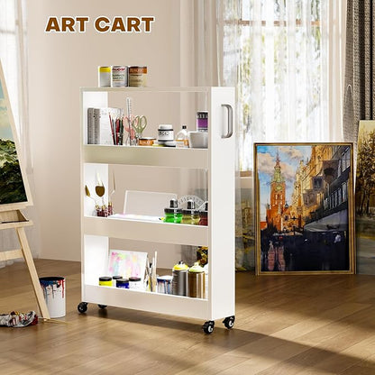 Slim Storage Cart, Lightweight 4 Tier Metal Rolling Utility Kitchen Cart on Wheels, Mobile Storage Shelving Unit Organizer for Bathroom Laundry Office Narrow Places (4 Tier-White, 6" D)