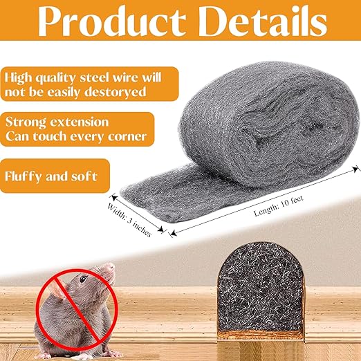 Steel Wool for Mice Control - 2 Pack of 3×10Ft Steel Wool, Gap Filter for House & Garage - Keep Mice Away from Holes，Siding，Pipeline，Vents in Garden, House, 7.04oz (2, 100g)