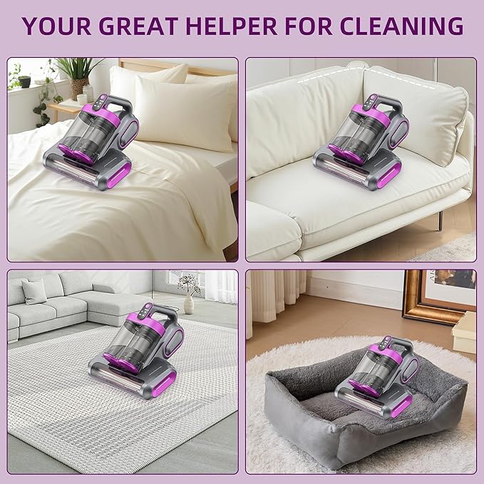 Cordless Mattress Vacuum Cleaner, 16Kpa Handheld Bed Vacuum with 253.7nm UV-C Light, Ultrasonic, Widened Suction, Low Noise, HEPA Filtration for Mattress Sofa Couch Pet Hair, Purple