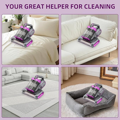 Cordless Mattress Vacuum Cleaner, 16Kpa Handheld Bed Vacuum with 253.7nm UV-C Light, Ultrasonic, Widened Suction, Low Noise, HEPA Filtration for Mattress Sofa Couch Pet Hair, Purple