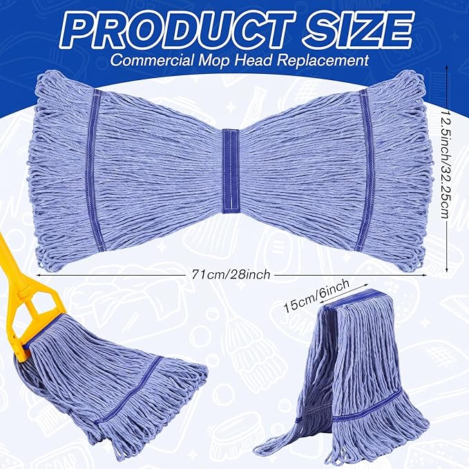 Eccliy 3 Pack Mop Heads Replacement Commercial Industrial Mop Heads Heavy Loop End Cotton String Heavy Duty Refills Wet Washable Refills for Home General Floor Cleaning (Blue)