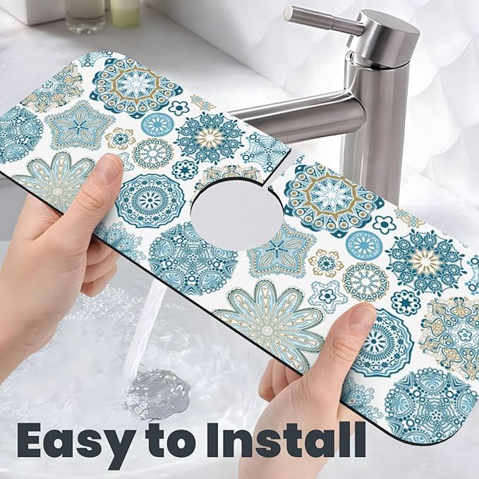 Mandala Boho Blue Flower 15" X 5.5" Kitchen Sink Splash Guard Faucet Faucet Guard Draining Mat Sink Splash Guard Faucet Kitchen Bathroom