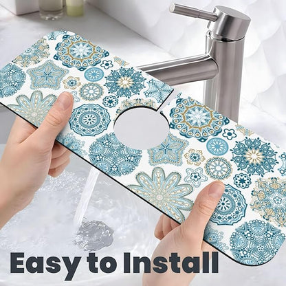 Mandala Boho Blue Flower 15" X 5.5" Kitchen Sink Splash Guard Faucet Faucet Guard Draining Mat Sink Splash Guard Faucet Kitchen Bathroom