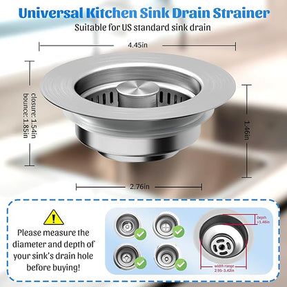 NinjaTiger Kitchen Sink Drain Strainer - 2-Pack Stainless Steel Sink Stopper 3-in-1 Pop-Up Sink Strainer with Anti-Clogging Basket Odor Filter Sink Drain Cover Plug for US Standard 3-1/2 Inch Drain