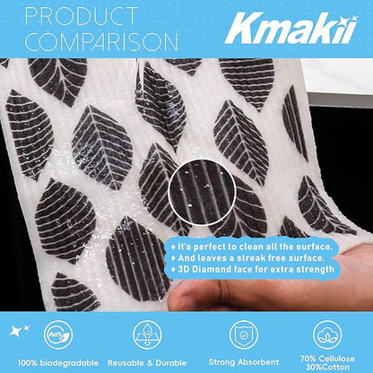 KMAKII Swedish Dishcloths Reusable, Absorbent, Quick-Drying Sponge Cloths for Kitchen and Counter Cleaning, Reusable Dish Towels and Dish Cloths, Black & White, Pack of 5 Pcs