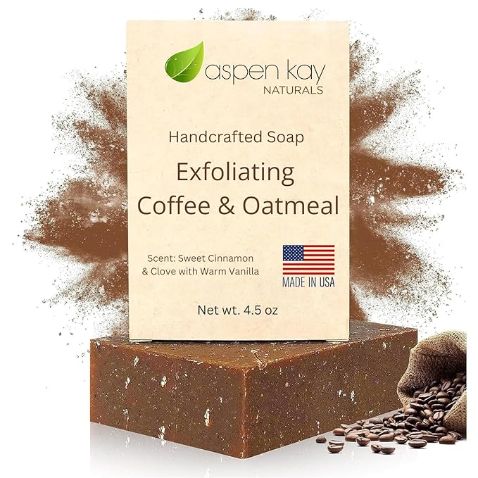 Aspen Kay Naturals Coffee & Oatmeal Exfoliating Soap, Natural and Organic Coffee Scrub. With Organic Shea Butter & Pure Essential Oils. A Wonderful Oatmeal Soap, For Men & Women. 4.5 oz Bar.