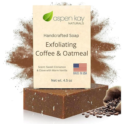Aspen Kay Naturals Coffee & Oatmeal Exfoliating Soap, Natural and Organic Coffee Scrub. With Organic Shea Butter & Pure Essential Oils. A Wonderful Oatmeal Soap, For Men & Women. 4.5 oz Bar.
