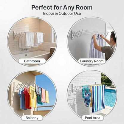 Laundry Drying Rack Wall Mount - Towel Rack Collapsible, Retractable Drying Rack Easy Install Space Saving with 5 Drying Rods
