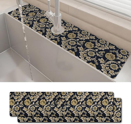 2PCS 24" X 5.5" Kitchen Sink Splash Guard Faucet Mat Floral Flower Super Absorbent Fast Drying Faucet Guard & Draining Mat Sink Splash Guard Behind Faucet for Kitchen, Bathroom