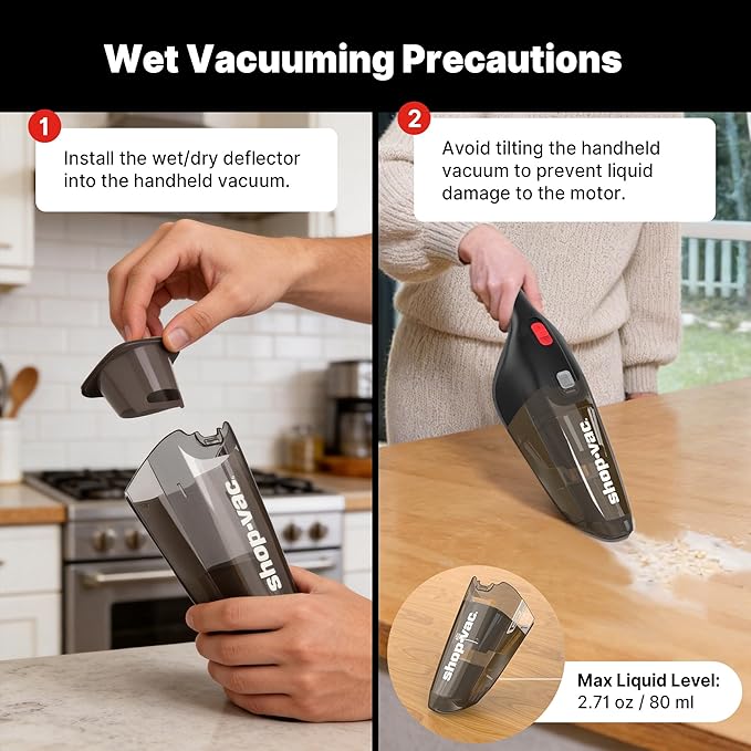 Shop-Vac Wet/Dry Handheld Vacuum, Powerful Small Vacuum Cordless Rechargeable, Wall-Mounted Hand Vac with Crevice Tool, Portable Vacuum for Home & Car, Lightweight & Compact, Black