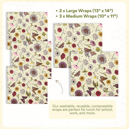 Bee's Wrap Beeswax Wraps for Food - Assorted 5 Pack of Beeswax Wraps - 2 Large & 3 Medium Wrap - Plastic Free Made in USA Reusable Natural Food Wrap - Meadow Magic Print