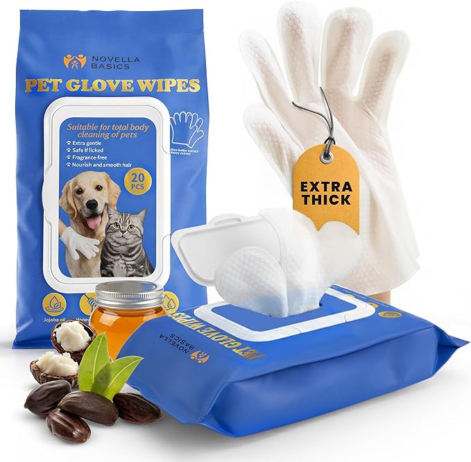 Pet Cleaning Glove Wipes for Dogs & Cats - Hypoallergenic Coconut Infused No-Rinse Dog Washing Gloves - Deodorizing Grooming Mitts - Puppy and Cat Cleaning Wipes - 20 Count