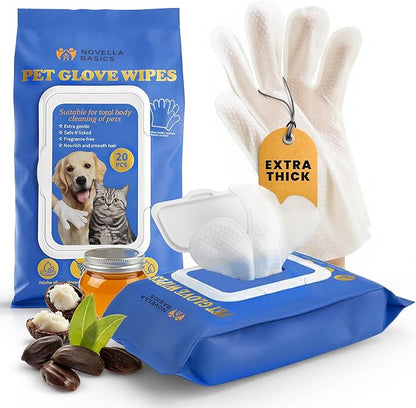 Pet Cleaning Glove Wipes for Dogs & Cats - Hypoallergenic Coconut Infused No-Rinse Dog Washing Gloves - Deodorizing Grooming Mitts - Puppy and Cat Cleaning Wipes - 20 Count