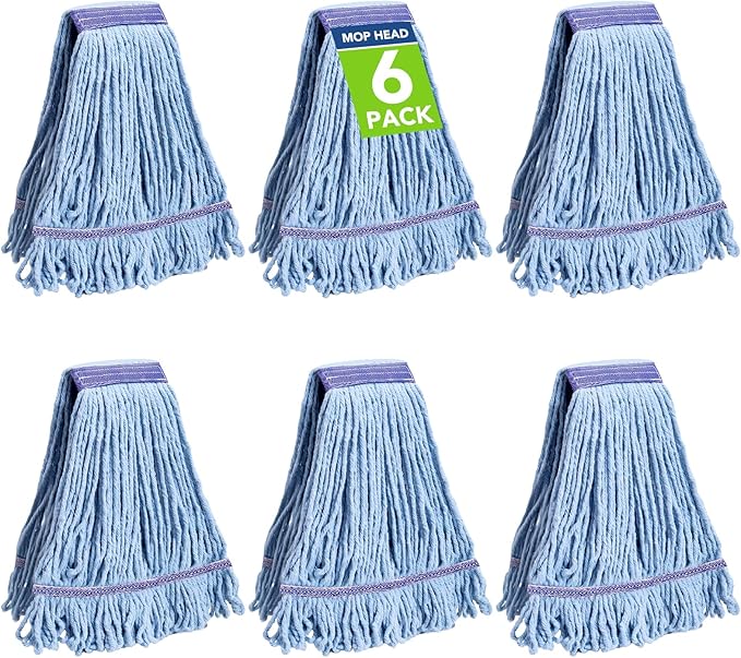 6 Pack Commercial Mop Head Replacement – Heavy Duty Mop Head for General and Floor Cleaning | Industrial Wet Mops | Washable Refill, Reusable, Looped End Mopheads | Hardwood, Concrete