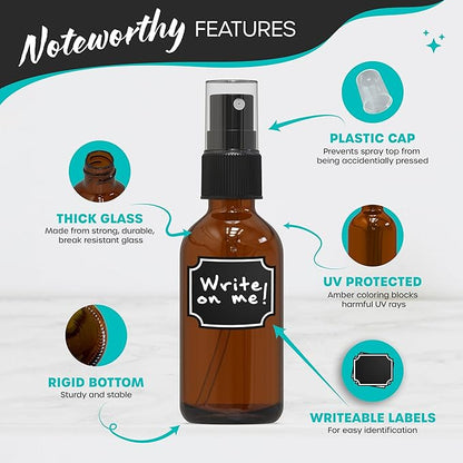 Nevlers 24PK 2 Oz Amber Glass Spray Bottles for Essential Oils | Amber Glass Bottle Set w/Shrink Wrap, Funnel, Labels & More | Fine Mist Spray Bottles for Face Mist Bottle, Hair Mister, Oil Mister