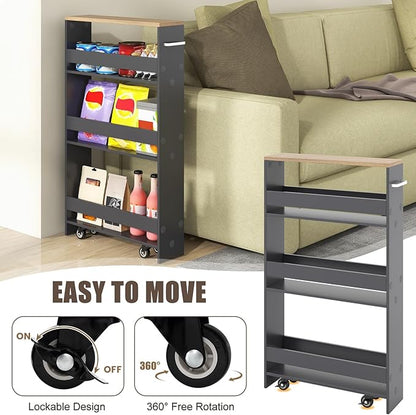 Giantex 4 Tier Rolling Slim Storage Cart, 5" Narrow Slide Out Kitchen Cart w/Handle & Open Shelves, Space-Saving Compact Mobile Utility Trolley for Small Space Laundry Room (Grey & Natural)