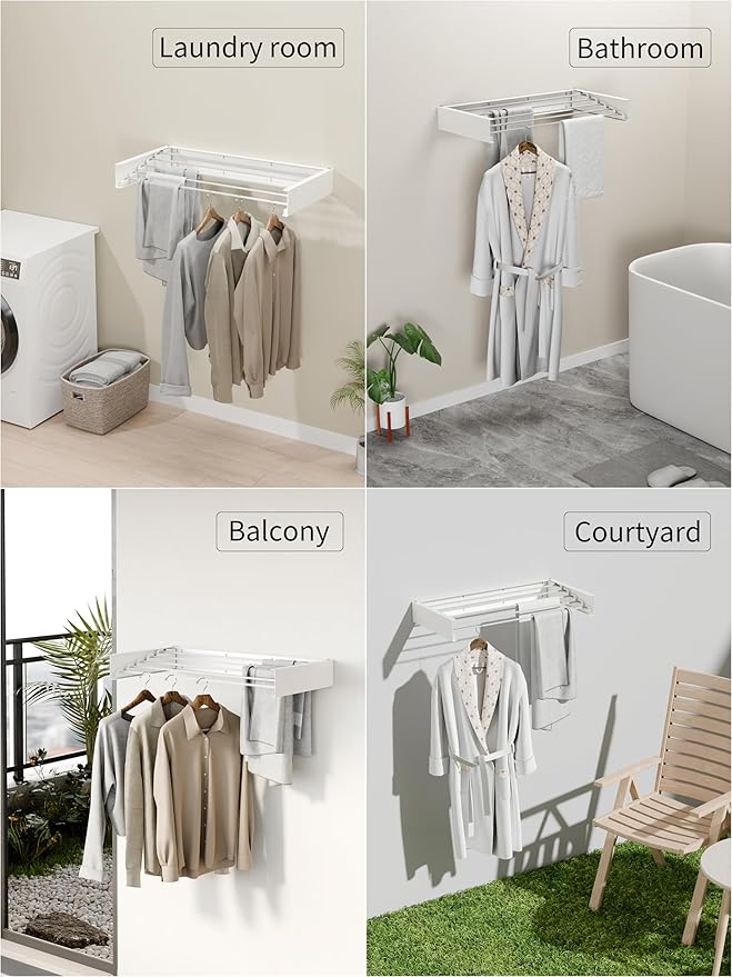 JOOM Laundry Drying Rack Collapsible, Wall Mounted Clothes Drying Rack, Retractable Drying Rack, 31.5" Wide, 5 Aluminum Rods, 60 lb Capacity (White 31.5")