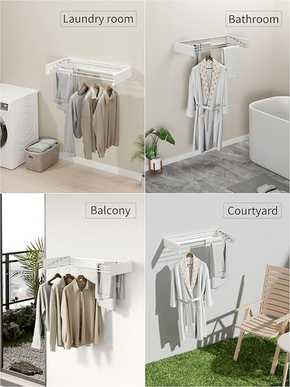 JOOM Laundry Drying Rack Collapsible, Wall Mounted Clothes Drying Rack, Retractable Drying Rack, 31.5" Wide, 5 Aluminum Rods, 60 lb Capacity (White 31.5")