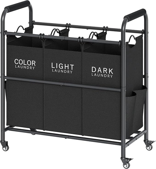 Tajsoon 3 Bag Laundry Sorter Cart, Laundry Hamper Sorter Basket with Heavy Duty Lockable Rolling Wheels for Clothes Storage, Black