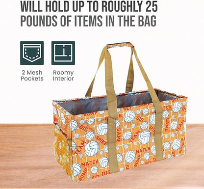 Extra Large Utility Tote Bag - Oversized Collapsible Reusable Wire Frame Rectangular Canvas Basket With Two Exterior Pockets For Beach, Pool, Laundry, Car Trunk, Storage - Volleyball