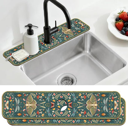 2 Pcs Kitchen Sink Splash Guard Faucet Mat Vintage Green Insects and Plants Faucet Mat for Sinks Absorbing Drying Mats for Kitchen Bathroom, 23.6x5.5inch