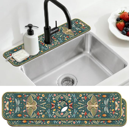 2 Pcs Kitchen Sink Splash Guard Faucet Mat Vintage Green Insects and Plants Faucet Mat for Sinks Absorbing Drying Mats for Kitchen Bathroom, 23.6x5.5inch