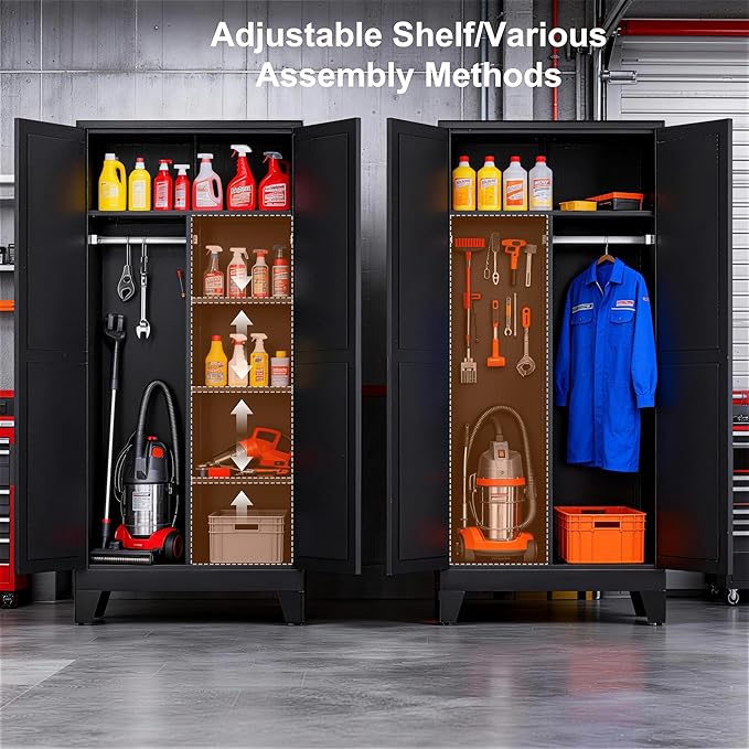 71" H Metal Garage Storage Cabinets,Broom Closet Storage Cabinet,Utility Cabinet,Black Storage Cabinets