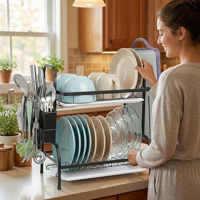 2 Tier Dish Drying Racks with Drainboard,Large Capacity Stainless Steel Dish Racks for Kitchen Counter,Kitchen Sink Organizer for Dishes,Utensils& Fork Knives,Cutting Boards Storage