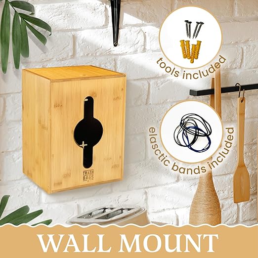 Extra Large Trash Bag Dispenser Holder, Fits 13,30,33 Gallon & Large Rolls, Wall Mount or Under Sink Organizer with 3 Rubber Bands, Kitchen & Pantry Garbage Bag Storage.