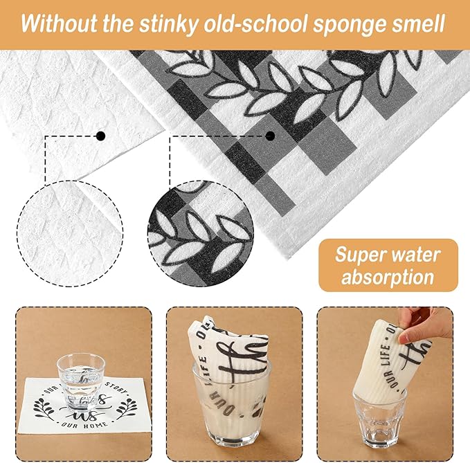 Funtery 6 Pcs Swedish Farmhouse Dishcloths Kitchen Black and White Buffalo Plaid Multipurpose Cellulose Sponge Cloths Love Family Together Home Reusable Towels for Kitchen Bathroom Cleaning Counters