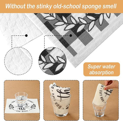 Funtery 6 Pcs Swedish Farmhouse Dishcloths Kitchen Black and White Buffalo Plaid Multipurpose Cellulose Sponge Cloths Love Family Together Home Reusable Towels for Kitchen Bathroom Cleaning Counters