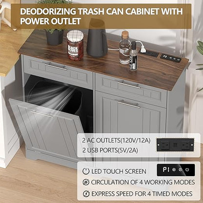 Double 10 Gallon Tilt Out Trash Can Cabinet with Deodorizing Function, Wooden Hidden Garbage Can Holder with Storage Drawers for Kitchen and Dining Room, Laundry Hamper Cabinet for Bathroom, Grey