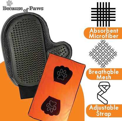 Pet Grooming Mitt and Towel Set - Deshedding Glove for Dogs and Cats - Massage and Remove Pet Hair - Ideal for Small to Medium Dogs and Cats