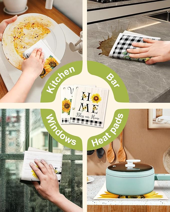 Miss Adola 6 Pack Swedish Dishcloths for Kitchen - Reusable Dish Cloths for Washing Dishes Absorbent Cute Funny Kitchen Towels Cleaning Sponge, Sunflower