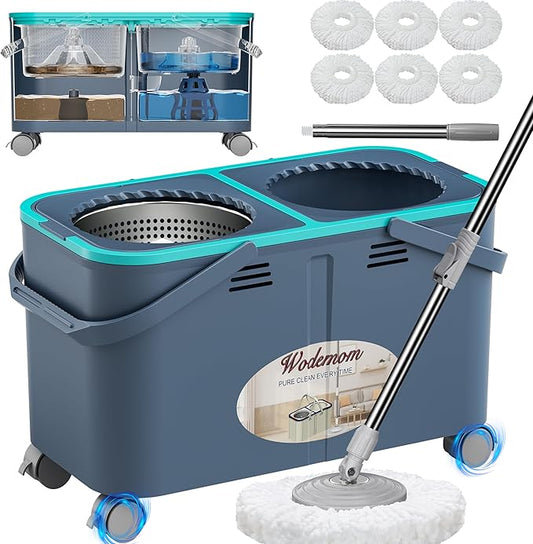 2026 Upgraded Gen 2 Spin Mop and Bucket Set with 4 Swivel Wheels for Easy Rolling, Separates Clean & Dirty Water, Floor Mop with 6 Washable Mop Heads for Wood, Tile, Vinyl, Baseboards - Grey/Blue