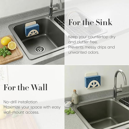 Flexible Sponge Holder for Kitchen Sink Adhesive - Bendable Silicone Sink Caddy 2 Pack, Metal Core Dish Scrubber Rack, Fold-Flat Organizer for Soap Brush Razor, Stone Wall Mount (Creamy White)