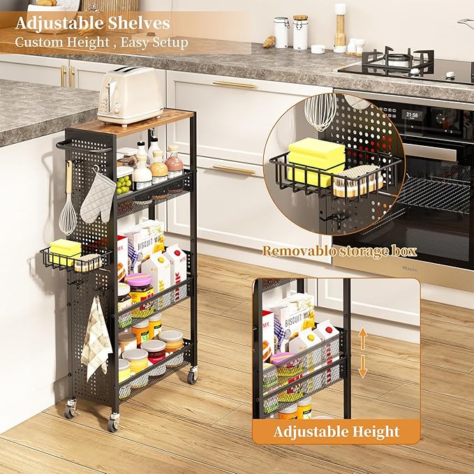 Slim Storage Rolling Cart: 4-Tier Narrow Metal and Wood Utility Cart with Wheels for Kitchen/Laundry/Bathroom(Black)
