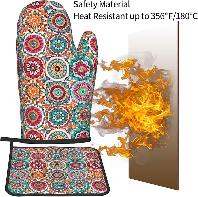 Boho Oven Mitts and Pot Holders - Mexican Flower Kitchen Mitt Sets of 2 Bohemian Oven Gloves Hot Pads for Cooking Baking Grilling