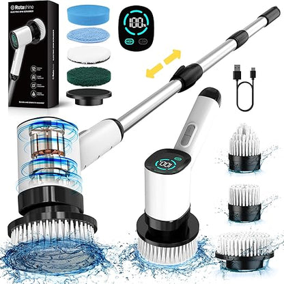 Electric Spin Scrubber - Electric Scrubber for Cleaning with 7 Replaceable Heads - Full-Body Waterproof Tub Scrubber with Long Handle - Electric Brush Cleaner for Bathroom