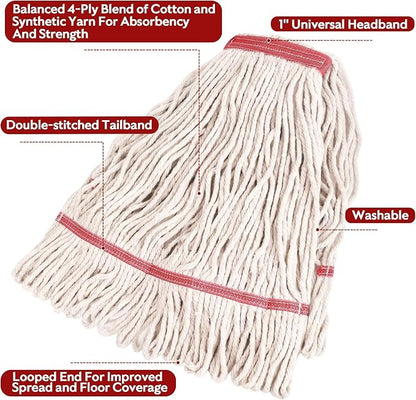MATTHEW CLEANING Heavy Duty Mop Head Commercial Replacement for General and Floor Cleaning, Wet Industrial Blue Cotton Looped End String Head Refill (Pack of 3) White
